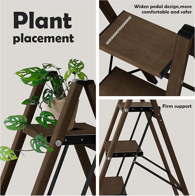 Taranta 3 Step Ladder,Aluminum Lightweight Folding 3 Step Stool with Anti-Slip Wide Pedal,330lbs Capacity Step Ladder for Household,Kitchen,Office - Walnut