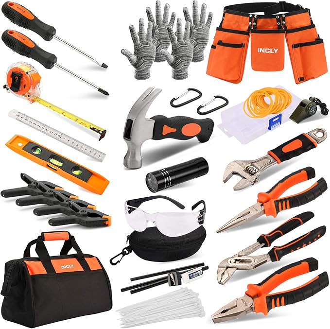 INCLY 95 PCS Real Tool Set, Small Real Hand Tools Kit, Construction Learning Tools Hammer Screwdriver for Home DIY Building and Woodworking,Come with Tool Belt & Bag