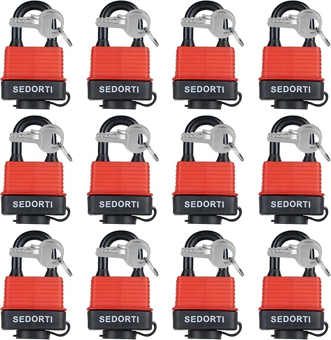 Colored Waterproof Padlocks, Heavy Duty Laminated Steel Lock with Red Plastic Covered, Keyed Alike Outdoor Locks, Can Be Used as Lockout Tagout Lock, Pack of 12