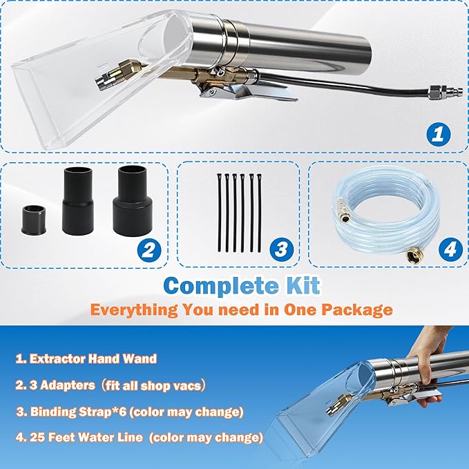 Happy Tree Universal Fit All Brands' Shop Vac Extractor Hose Kit Adapter Wet-dry Extraction Accessory for Upholstery & Carpet Cleaning Auto Detailing Wet Vaccum Accessories with 25 Feet Water Hose