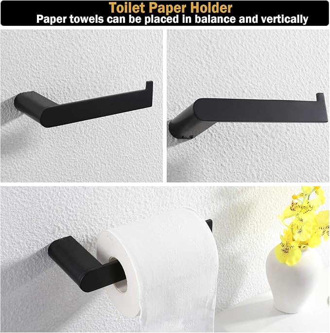 RANDOM 4 Piece Bathroom Hardware Set Matte Black Towel Bar Set Include 18 Inch Towel Bar Toilet Paper Holder and 2 Towel Hooks Stainless Steel Bathroom Decor Wall Mount Bathroom Accessories Kit.