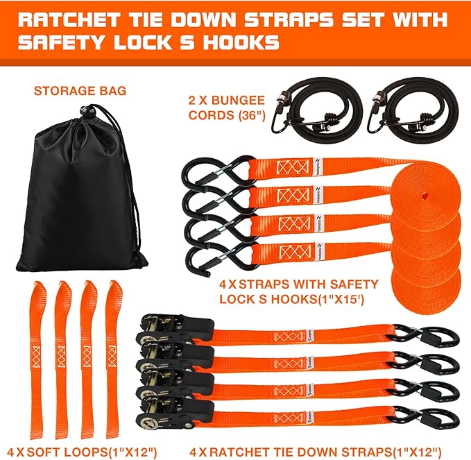 Ratchet Tie Down Straps 4 Pack -15 FT - 2200 LB Heavy Duty Srap for Trucks Cargo Ropes Tie Down Ratchet Rope Set Truck Bed with Safety Lock S Hooks Moving Hold Down-Orange