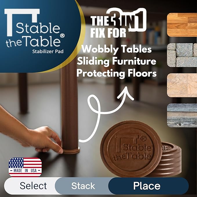 Stable The Table-12 Pack-Walnut Round, Furniture Leveler & Riser, Anti-Slip Sofa Gripper for Hardwood Floors, Floor Protector, Stacking Furniture Pad, Bed, Desk, Couch & Table Stabilizer, Made in USA