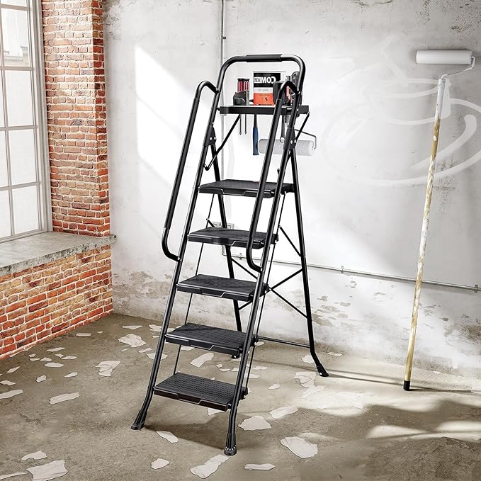 KINGRACK 5 Step Ladder, Folding Step Stool for Adult with Tool Platform, Handrails, Wide Anti-Slip Pedals, Pass 800lbs Load Testing, Portable Safety Step Stool for Home, Kitchen, Black