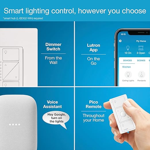 Lutron Caseta Original Smart Dimmer Switch (Lutron Smart Hub Required), for LED Lights, 150 Watt, Single-Pole/3-Way, No Neutral Required, PD-6WCL-WH-2, White, 2 Pack