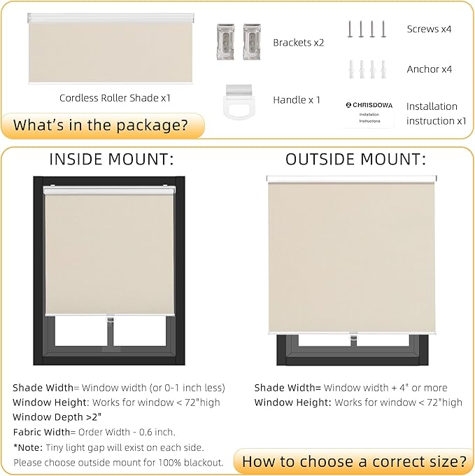 ChrisDowa Cordless Blackout Roller Shades for Windows, Thermal Insulated UV Protection Pull Down Shades, Total Blackout Window Blinds for Home, Office, Bedroom, Door (38" W x 72" H, Beige)