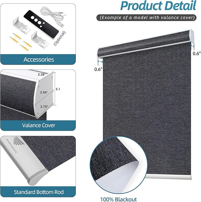 SmartWings Motorized Smart Blinds with Remote, Custom Automatic 100% Blackout Roller Shade Compatible with Alexa/Homekit/Google, Electric Smart Blinds for Indoor Windows, Eclipse Raven Black