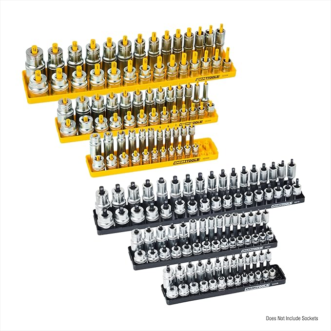 OEMTOOLS 22238 6 Piece SAE and Metric Socket Tray Set, SAE and Metric Socket Storage for Sizes 1/4", 3/8”, and 1/2" Drive, Socket Holders and Socket Organizer Tray for Toolbox, Black and Yellow