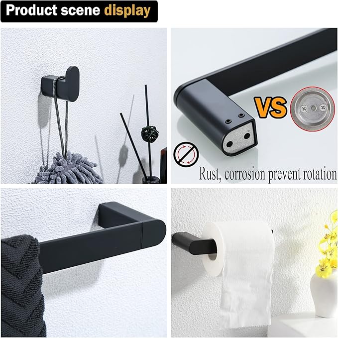 RANDOM 4 Piece Bathroom Hardware Set Matte Black Towel Bar Set Include 18 Inch Towel Bar Toilet Paper Holder and 2 Towel Hooks Stainless Steel Bathroom Decor Wall Mount Bathroom Accessories Kit.