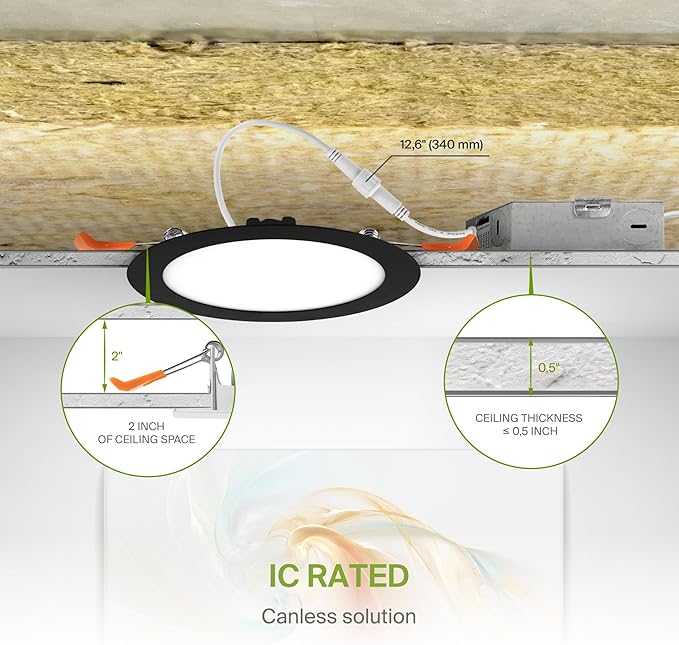 ASD 6 Pack LED Recessed Lighting 6 Inch 12W, 5 CCT 2700K-5000K CRI90+, IC Rated Ultra Thin Dimmable Ceiling Lights with J Box, Canless Wafer Downlight, Round Slim Panel Light, Energy Star ETL, Black