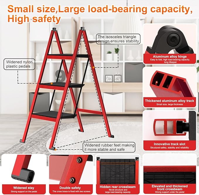 3 Step Ladder,Aluminum Ultra Thin Folding Step Stool,400 Lbs Capacity Heavy Duty with Anti-Slip Sturdy and Wide Tread,Closet Slim Step for Home,Kitchen and Office,Space Saving (Red, 3-Step)
