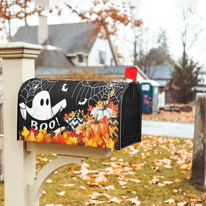 Kawani Halloween Ghost Pumpkin Mailbox Covers Magnetic Black Happy Halloween Seasonal Holiday Post Letter Box Cover Standard Size 25.5x21 Inch for Garden Yard Decor