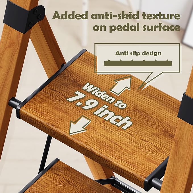 Taranta 3 Step Ladder, Portable Folding Ladder with Wide Pedal, Lightweight Aluminum Step Stool with Convenient Handgrip, 330 lbs Capacity Stepladder for Home, Office - Woodgrain