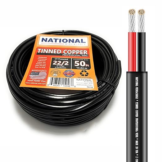 National Wire&Cable - 22/2 Tinned Copper Professional Wire (50 Feet) 22 AWG Gauge Stranded PVC Cord - 2 Conductor Electrical Wire - Made in USA - CL Rated/ETL Listed - LED Light, Low Voltage Cable