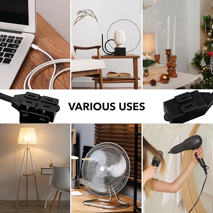 HBN Extension Cord, 3-Pack 3FT Black, 2 Prong Indoor Extension Cord 16/2 SPT-2, 13A, 1625 W, 3-Outlet Extension Cords for Home/Office Use