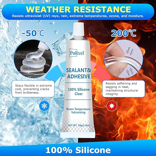 Clear Silicone Sealant & Adhesive RTV Transparent 100% Silicone Caulk Waterproof High Strength All-Purpose Shrink & Crack Proof Caulking for Kitchen, Bathroom, Windows & Car -1.8oz/50g