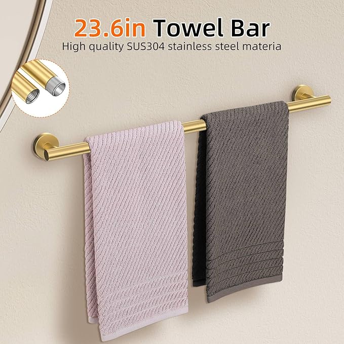 10-Piece Gold Bathroom Hardware Accessories Set-Brushed Gold Towel Bar Set,SUS304 Stainless Steel Towel Rack Set for Bathroom-Wall Mounted,23.6-Inch Towel Holder Set