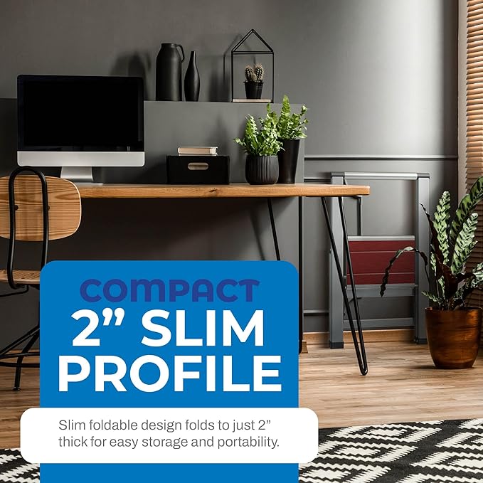 Step Ladder 1 Step Folding, Decorative - Beautiful Mahogany & Silver Aluminum, Ultra Slim Profile, Anti Slip Steps, Sturdy-Portable for Home, Office, Kitchen, Photography Use,by SORFEY