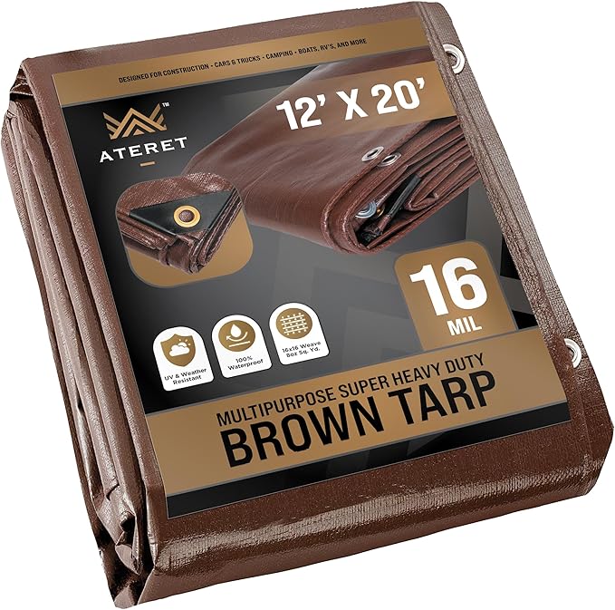 ATERET 12' x 20' Super Heavy Duty 16 Mil Brown Poly Tarp Cover - UV Resistant, Thick Waterproof, Rip and Tear Proof Tarpaulin with Grommets and Reinforced Edges