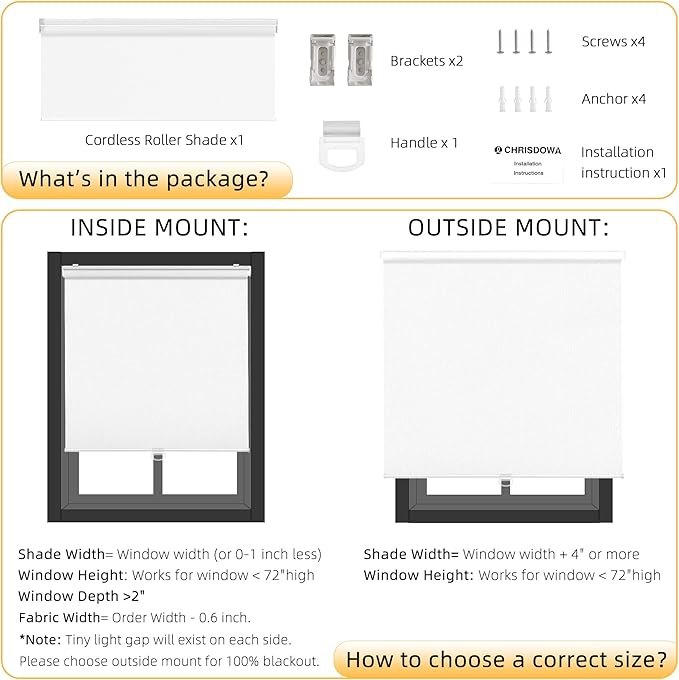 ChrisDowa Cordless Blackout Roller Shades for Windows, Thermal Insulated UV Protection Pull Down Shades, Total Blackout Window Blinds for Home, Office, Bedroom, Door (30" W x 72" H, White)