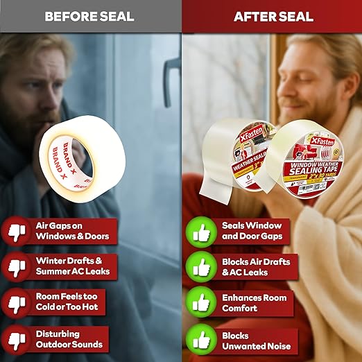 XFasten Window Sealing Tape for Winter 3” x 30 Yards RV Window Stripping for Winter | Heavy-Duty Transparent Weather Sealing Tape for Plastic Window Coverings for Winter, Residue-Free Weather Tape