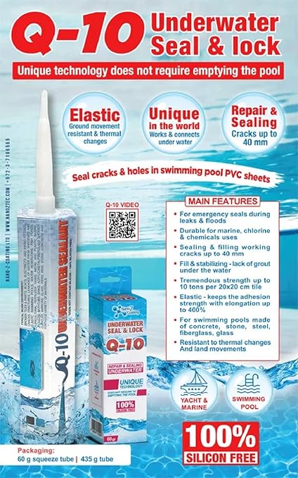 Nano Q10 Underwater Seal & Lock - Leak and Crack Repair Without Emptying The Pool, Reservoir, or Tank. Eco-Friendly Under Water Adhesive, Stays Flexible, Waterproof, and Chlorine Resistant (2.1 oz)