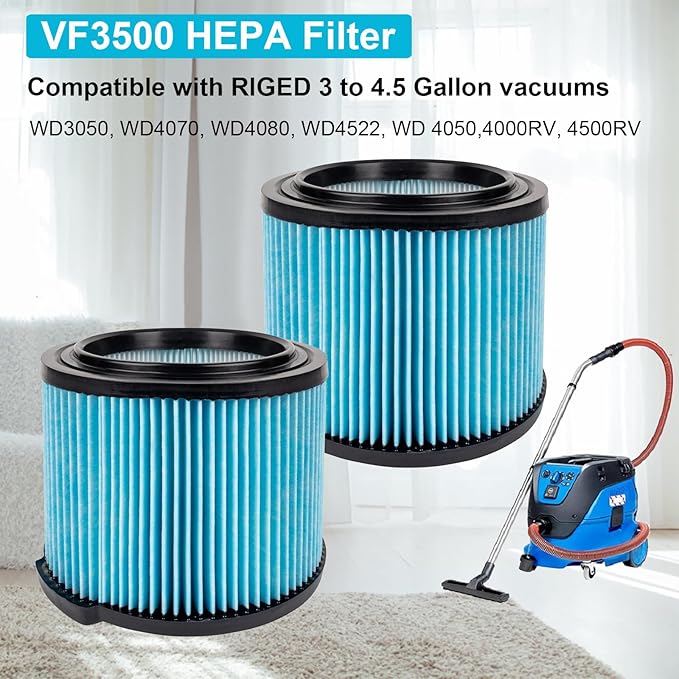VF3500 HEPA Filter Replacement for Ridgid Shop Vacuum 3/4/4.5 Gallon Wet Dry Portable Vacuums,3-Layer Filters for Ridgid WD3050, WD4070, WD4080, WD4522, WD 4050, 4000RV, 4500RV (2 PACK)