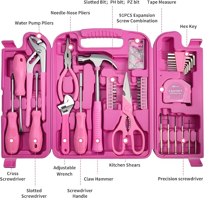 Pink Tool Set for Women, 136-Piece Household Small Tool Set, Toolbox Storage for Home Repairs, Portable Hand Tool Kit for Home Car College