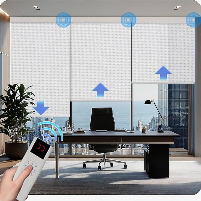Motorized Blinds with Remote Cordless Automatic Motorized Shades Custom Blinds for Windows Smart Curtains Compatible with Alexa Google Home(Solar White,W50 x H72in)