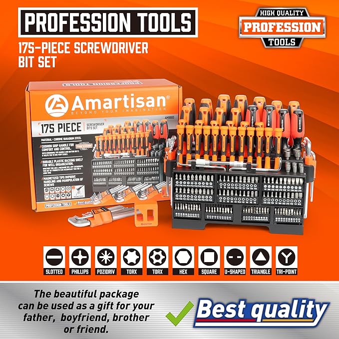Amartisan 175-piece Magnetic Screwdrivers Set Plastic Racking, DIY Tools Set Tools for Men Tools Gift, Includs Precision screwdriver, Magnetizer, Key Set, Nut Driver and Bit Set