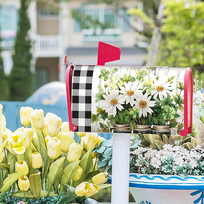 Buffalo Plaid Daisy Mailbox Covers - Magnetic, Waterproof, Spring/Summer Floral Designs - Standard Size 21 x 18 Inch - Farmhouse Welcome Cover - Garden/Yard Decor