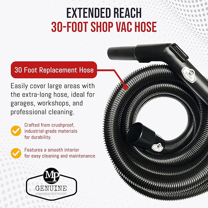 MP Maresh Products Compatible Replacement for Shop Vac Hose and Ridgid Style Wet Dry Vacuum Cleaner - Commercial Heavy Duty Vacuum Hose with Crushproof Design and Air Suction Control - 30'