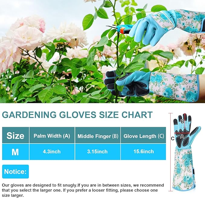 DLY Gardening Gloves for Women, Rose Gloves Gardening Thorn Proof, Long Garden Gloves for Women, Breathable & Durable Leather Gauntlet(Medium, Light Blue)
