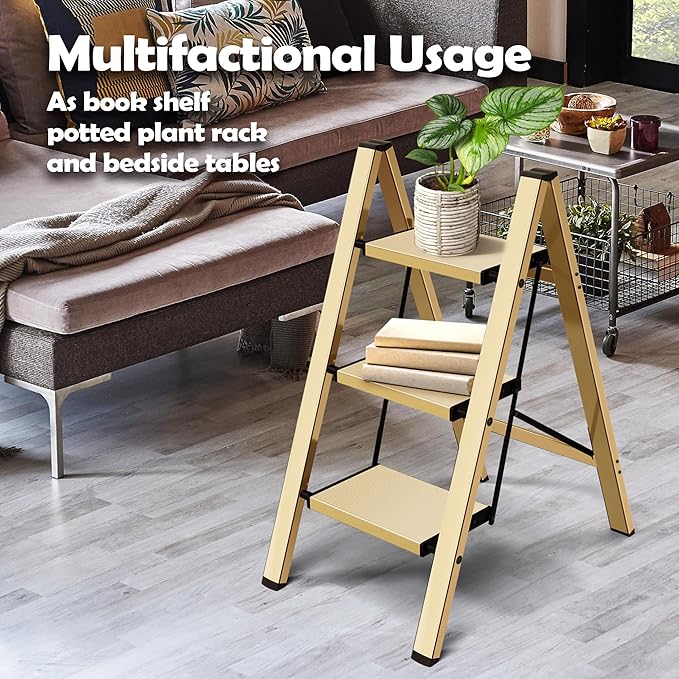 Taranta 3 Step Ladder,Aluminum Lightweight Folding 3 Step Stool with Anti-Slip Wide Pedal,330lbs Capacity Step Ladder for Household,Kitchen,Office - Gold