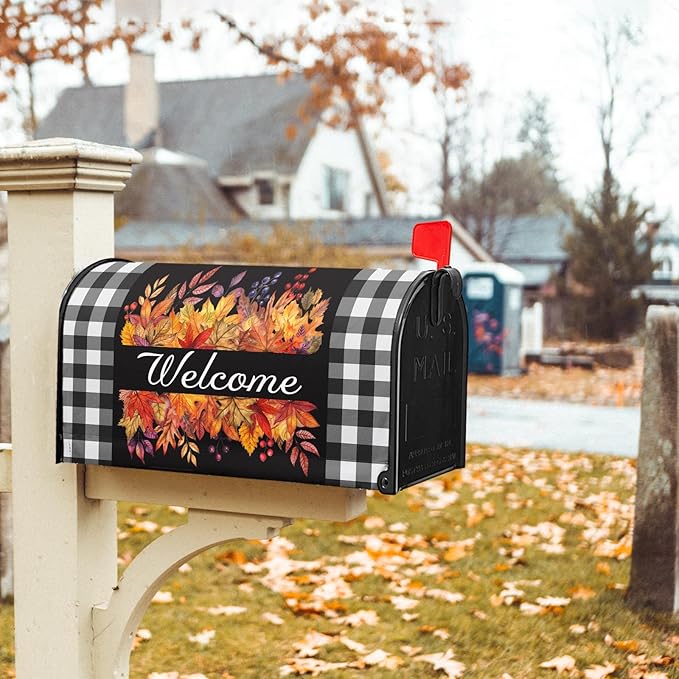 Fall Thanksgiving Maple Leaves Buffalo Plaid Mailbox Covers Magnetic Autumn Harvest Seasonal Holiday Welcome Post Letter Box Cover Standard Size 25.5x21 Inch for Garden Yard