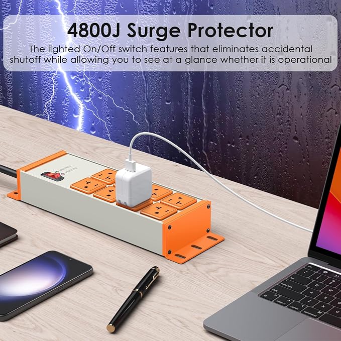 JUNNUJ Heavy Duty 20 Amp Surge Protector 4800J, Garage Metal 8 Outlets 12 Gauge, High Amp 5-15P Adapter Shop 6-20R T-Slot Industrial Outlet, 6 FT Extension Cord Commercial for Appliance, Grey