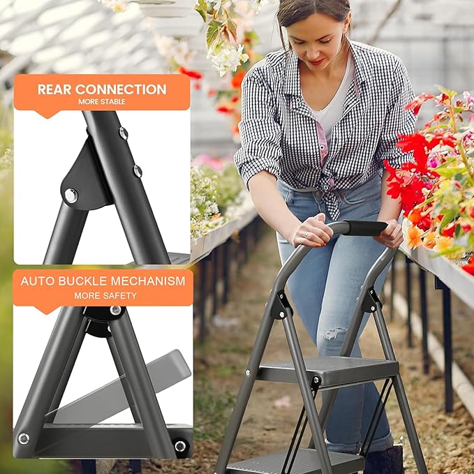 Step Stool for Adults,2 Step Ladder Folding 330lbs Anti Slip Step Stool,Foldable Ergonomic 2 Steel Stool with Wide Pedal for Home, Kitchen, Office (Gray)