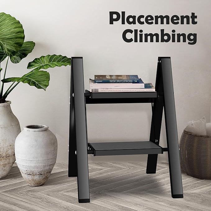 Taranta 2 Step Ladder,Aluminum Lightweight Folding 2 Step Stool with Anti-Slip Wide Pedal, 330lbs Capacity Step Ladder for Household,Kitchen,Office - Black