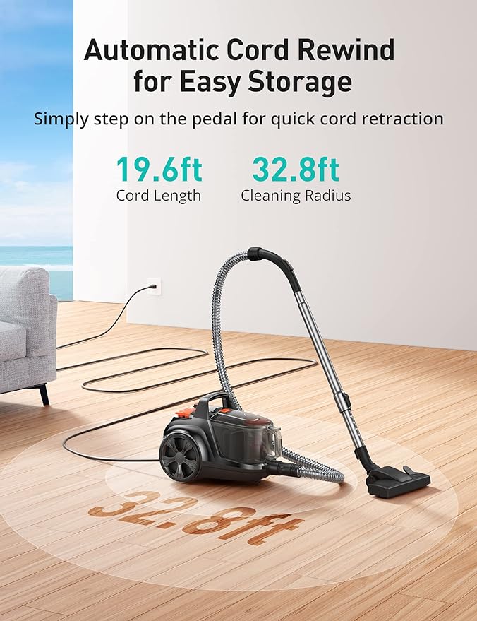Aspiron Canister Vacuum Cleaner, 30Kpa Bagless Vacuum Cleaners, 3.7QT Large Dust Cup, Double HEPA Filter, Retractable Cord, 1600W Lightweight Vacuum Cleaner with 5 Tools for Hard Floors, Tangerine