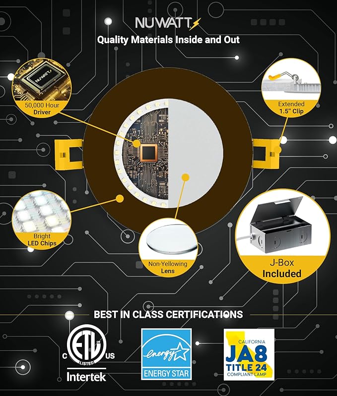 NUWATT 12 Pack 6 Inch Ultra-Thin Bronze LED Recessed Lighting, 5CCT 2700K/3000K/3500K/4000K/5000K Selectable, High Brightness 1050 Lumens, Dimmable Canless Slim Wafer Light, IC Rated, Metal J-Box, ETL