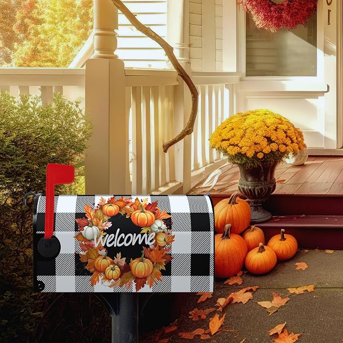 Fall Welcome Mailbox Covers Magnetic Standard Size Autumn Pumpkin Buffalo Plaid Mailbox Cover Post Box Wrap Outdoor Decor for Garden Yard 21x18 Inch