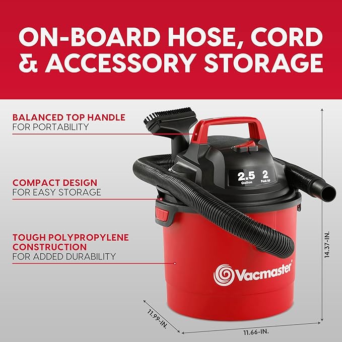 Vacmaster 2.5-Gallon* 2 Peak HP Wall Mountable Wet/Dry Vacuum – VOM205P 1101