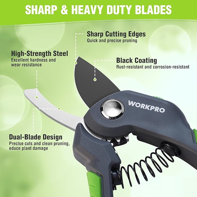 WORKPRO 8.5" Bypass Pruning Shear, Heavy Duty Garden Scissors & Clippers with Labor-Saving Design, Handheld Gardening Shears with Sharp Blade for Branch Trimming and Floral arrangement