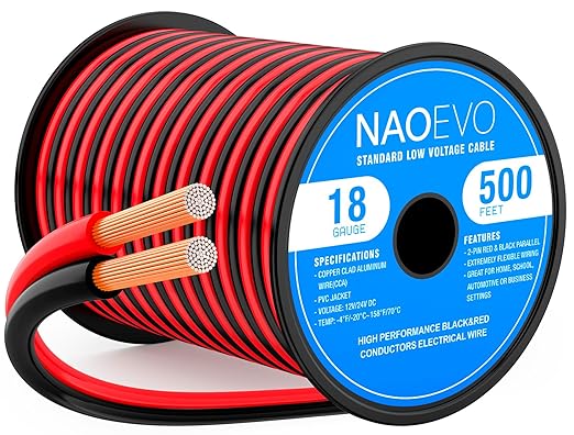 NAOEVO 18 Gauge Wire 500FT, 2 Conductors Electrical Wire Red Black Cable, Flexible/Low Voltage/PVC 18 AWG Copper Clad Aluminum Extension Cord for Speaker, LED Strips, Automotive 12V/24V DC