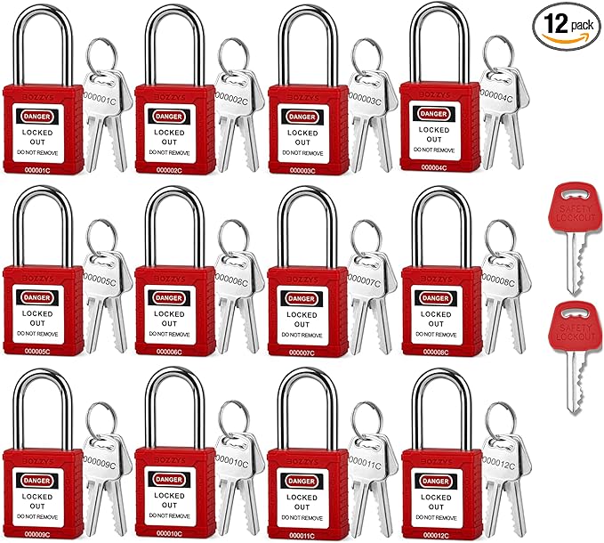 Lockout Tagout Locks with 2 Master Keys|12-Pack Red OSHA Loto Lock|Keyed Different & Laser Coding|Lock Out Padlock Kits for Machinery & Electrical Panels