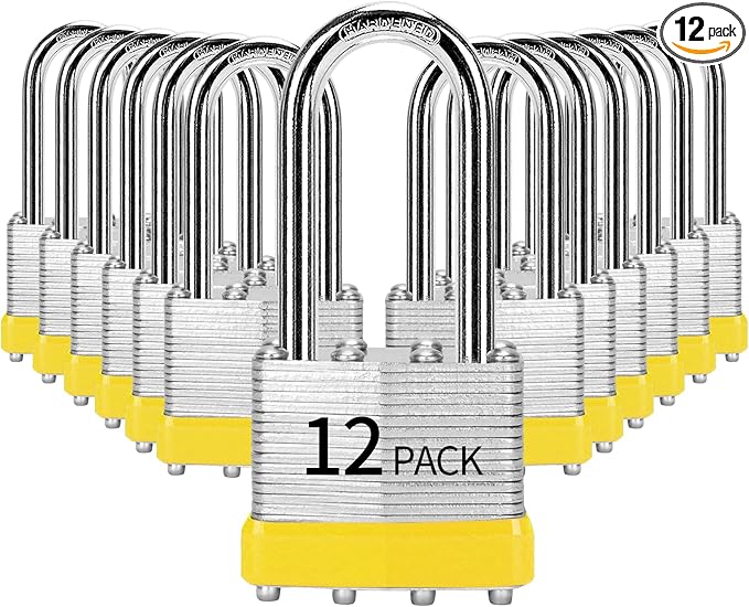 Padlocks Keyed Alike, Pack of 12, Laminated Steel Keyed Lock (1-9/16", 40mm), Padlocks with Same Key, Long Shackle, for Toolbox, Locker & StorageUnit or More