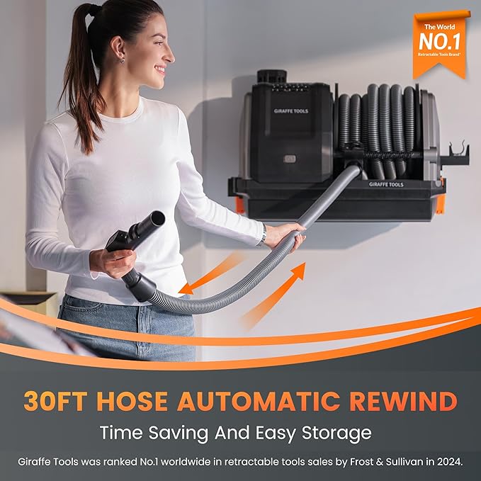 Giraffe Tools Grandstorm Retractable Vacuum Cleaner with 30 FT+ 1 FT Hose Wall Mounted, Wet Dry Vacuum Cleaner with 6 Nozzles for Car Detailing Normal Version, Grey (No Remote Control Funtion)