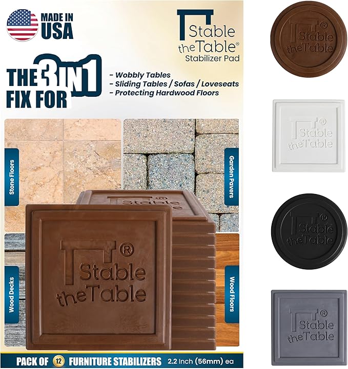 Stable the Table-12 Pack-Walnut Square, Furniture Leveler & Riser, Anti-Slip Sofa Gripper for Hardwood Floors, Floor Protector, Stacking Furniture Pad, Bed, Desk, Couch & Table Stabilizer, Made in USA