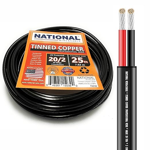 National Wire&Cable - 20/2 Tinned Copper Professional Wire (25 Feet) 20 AWG Gauge Stranded PVC Cord - 2 Conductor Electrical Wire - Made in USA - CL Rated/ETL Listed - LED Light, Low Voltage Cable