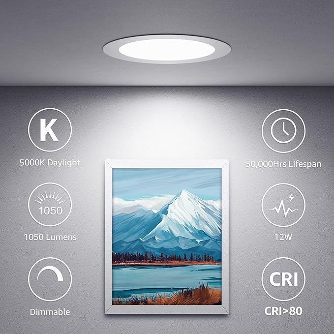 Lepro 6 Pack 6 Inch LED Recessed Ceiling Light with Junction Box, 5000 Kelvin Daylight Wafer Ultra-Thin, 1050 Lumen Dimmable Retrofit Downlight, 12 watt Eqv. 100 watt, ETL, Energy Star & FCC Certified
